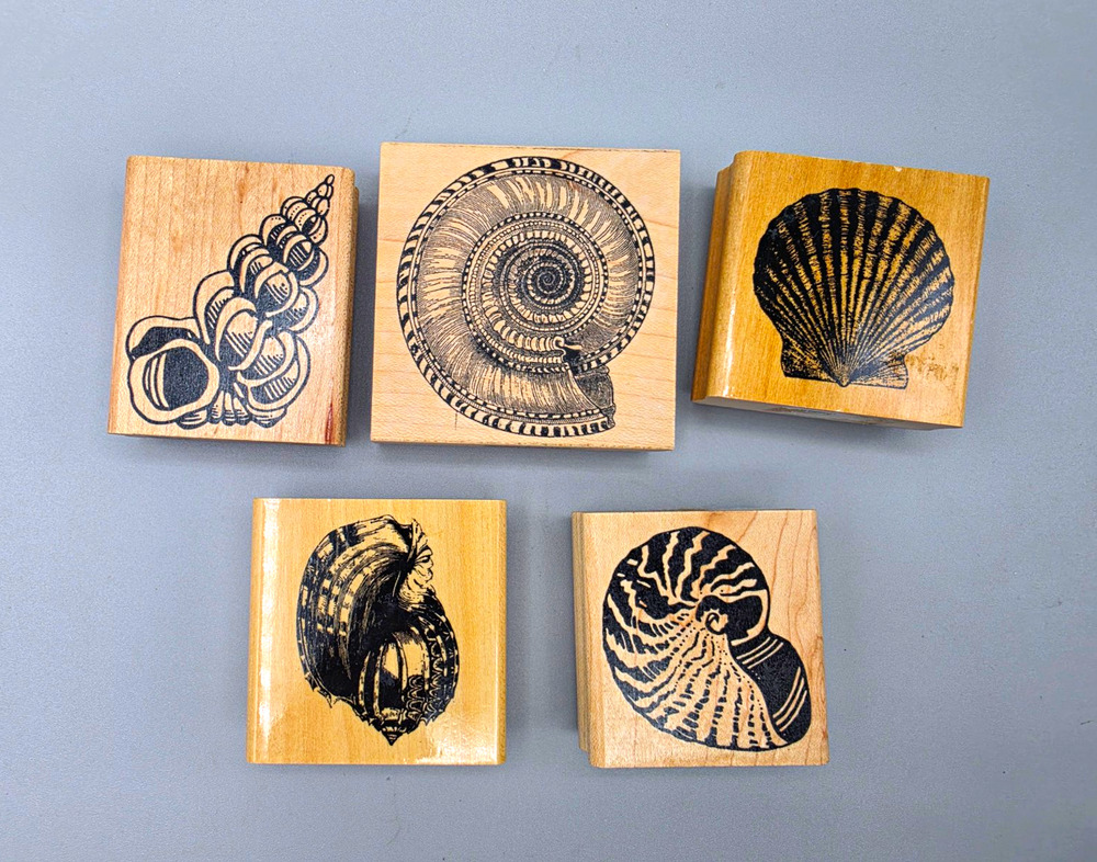 Wood Mounted Rubber Stamp Lot of 5 Background Beach Nautical Seashell Shells